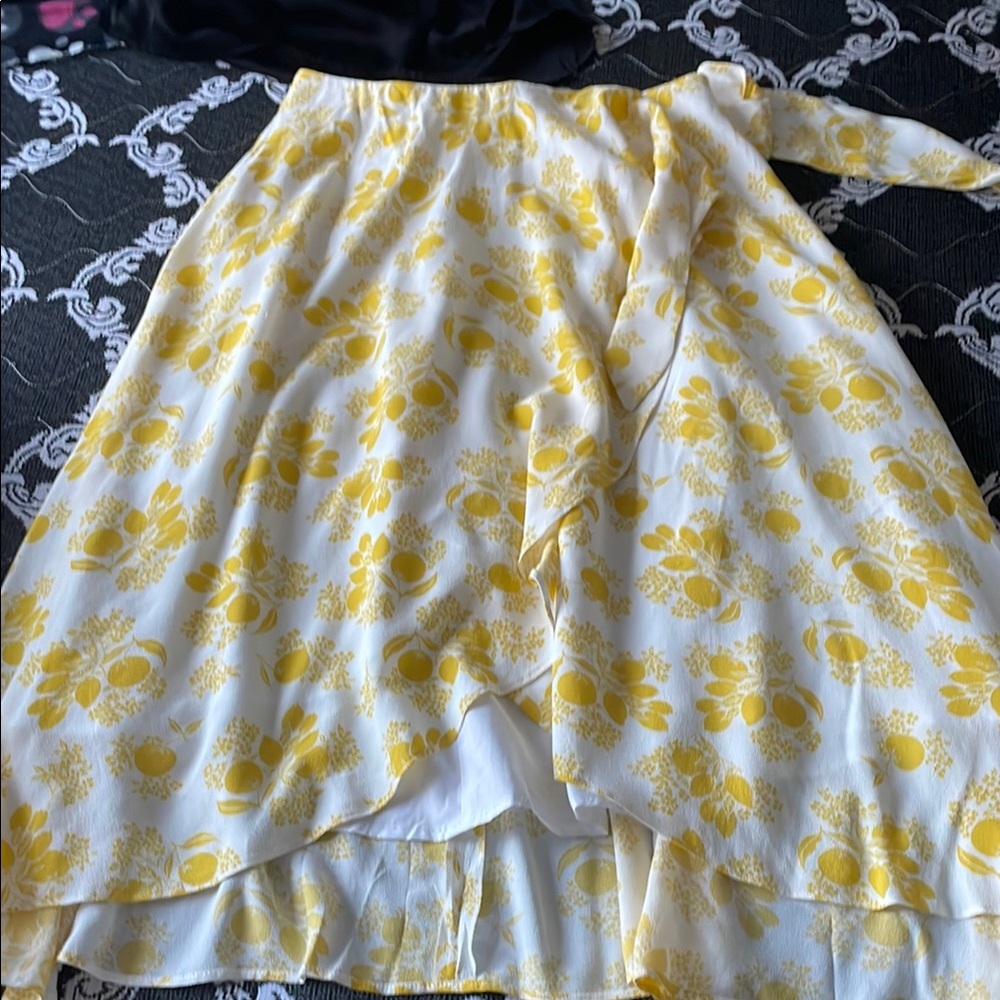 Yellow and White Asymmetrical Midi Wrap Skirt that you can tie on the right side